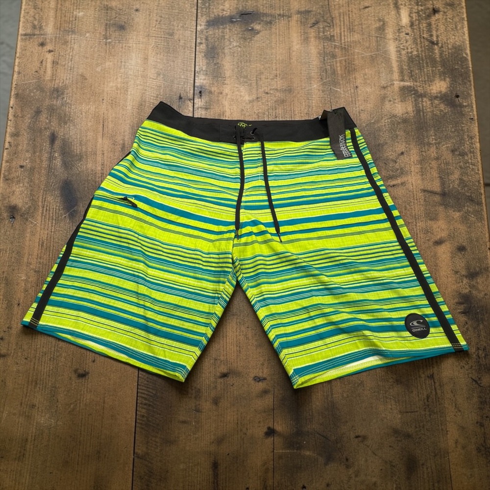 ONeill Hyperfreak Mens Board Shorts Lime Green Teal Striped Size 38 Surf Trunks